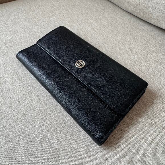 CHANEL Logo Leather Tri-fold Wallet Silver CC Snap Long Card Pouch Envelope - Picture 2 of 9